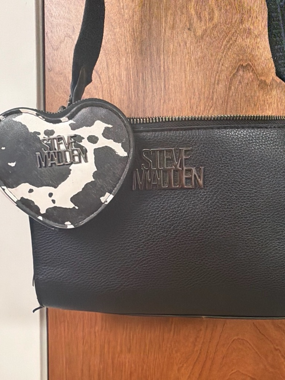 Steve Madden Black Crossbody with Black-and-White Heart Charm